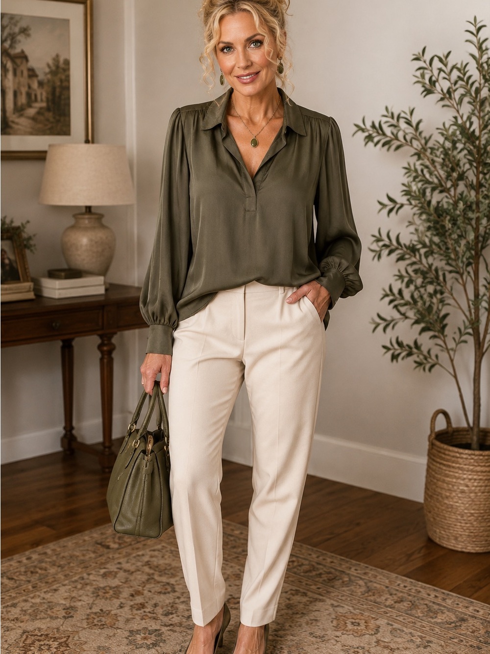 NY Collection Olive Green V-Neck Long Sleeve Blouse - Picture 2 of 9